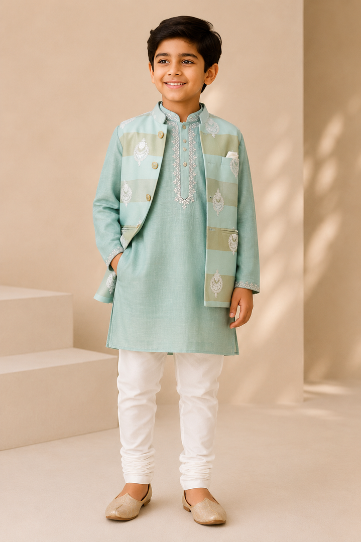 Mint Mul Chanderi Kurta Set with Embroidered Mul Chanderi Jacket