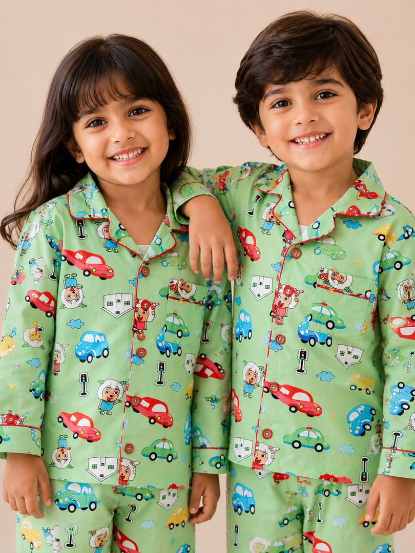 Little Wheels Cotton Rayon Kids Nightsuit Set