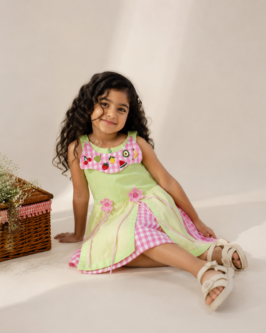 Fruit Embroidered Cotton Poplin Dress for Girls