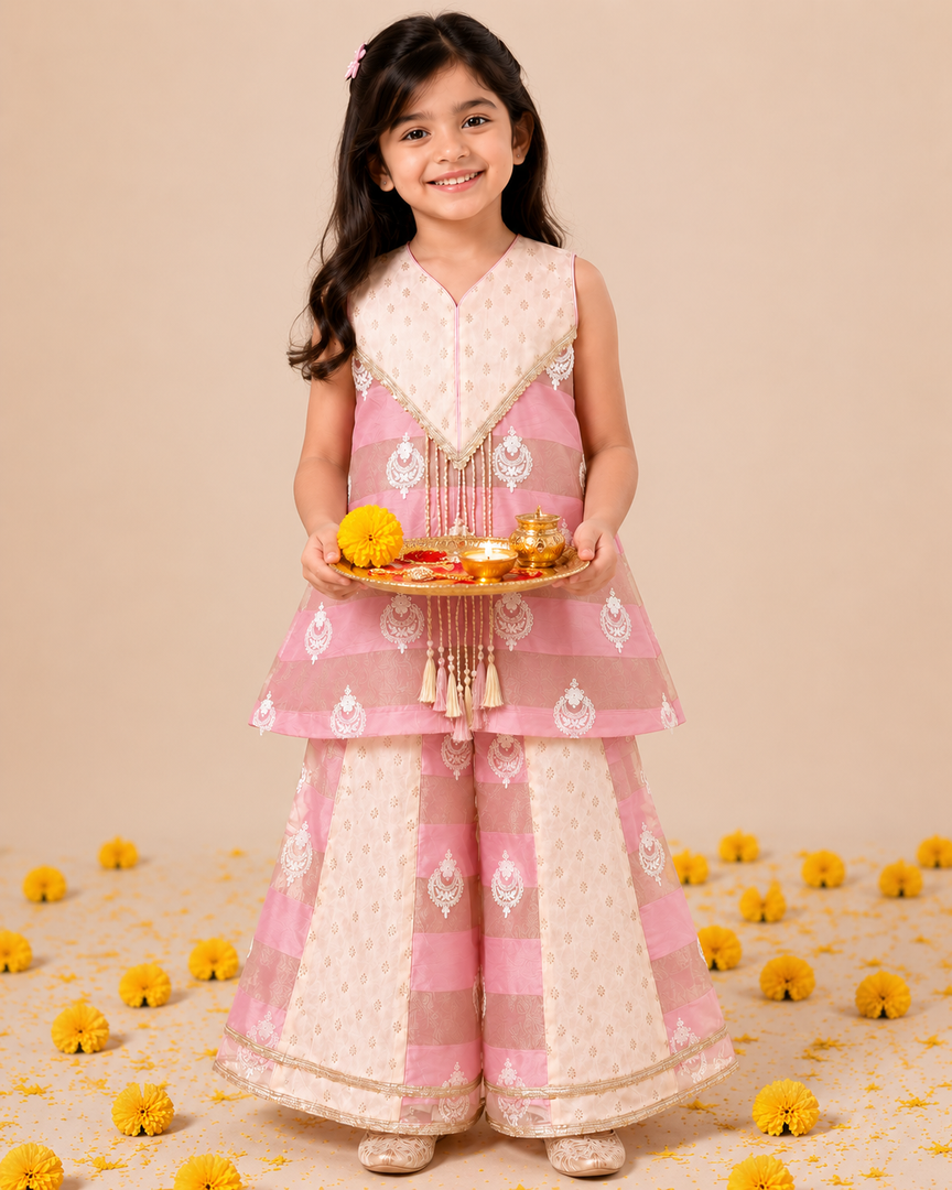 Pink Chanderi Embroidered Sharara Set for Girls