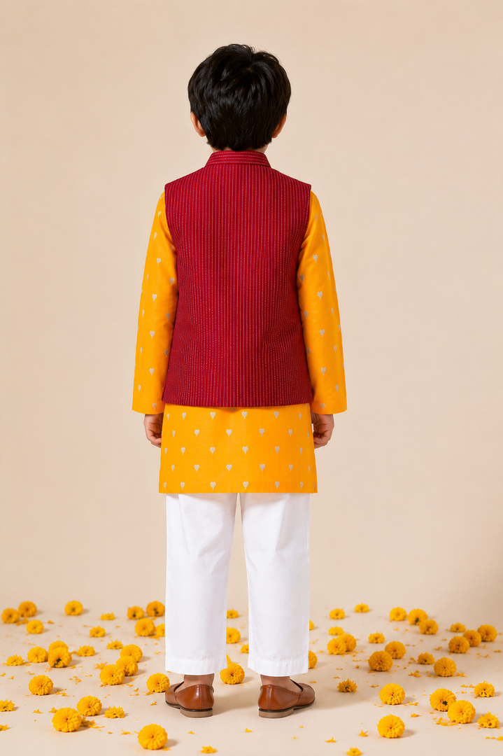 Mustard Mul Chanderi Kurta Set with Silk Nehru Jacket for Boys