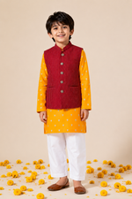 Load image into Gallery viewer, Mustard Mul Chanderi Kurta Set with Silk Nehru Jacket for Boys