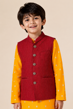 Load image into Gallery viewer, Mustard Mul Chanderi Kurta Set with Silk Nehru Jacket for Boys