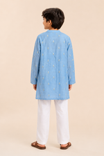 Load image into Gallery viewer, Blue Mul Chanderi Kurta with Attached Muslin Jacket Set