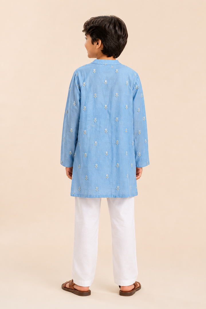 Blue Mul Chanderi Kurta with Attached Muslin Jacket Set