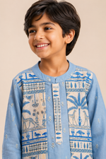 Load image into Gallery viewer, Blue Mul Chanderi Kurta with Attached Muslin Jacket Set