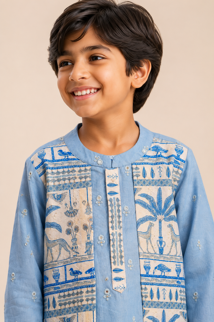 Blue Mul Chanderi Kurta with Attached Muslin Jacket Set