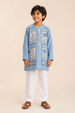 Load image into Gallery viewer, Blue Mul Chanderi Kurta with Attached Muslin Jacket Set
