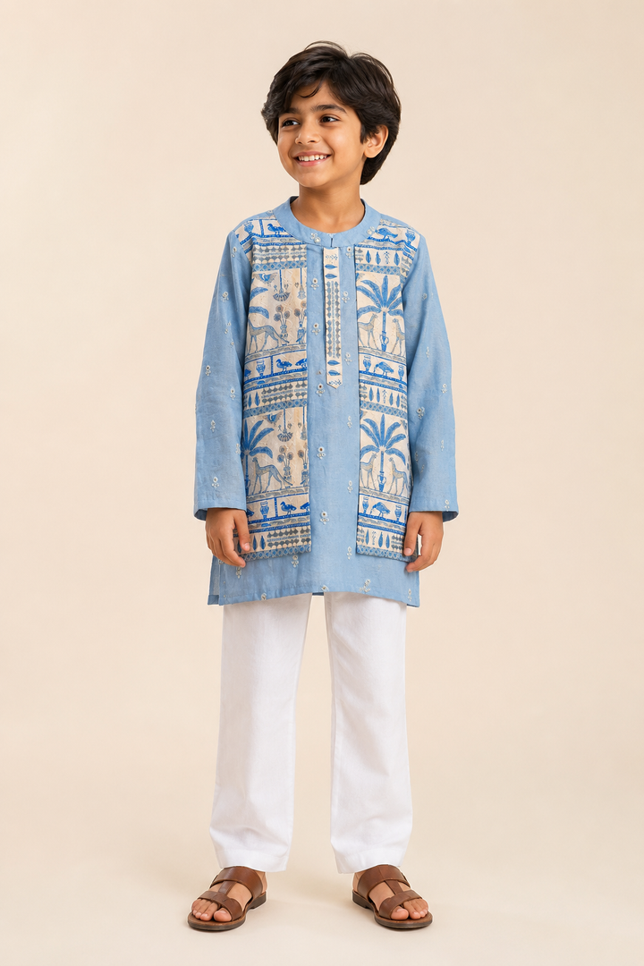 Blue Mul Chanderi Kurta with Attached Muslin Jacket Set