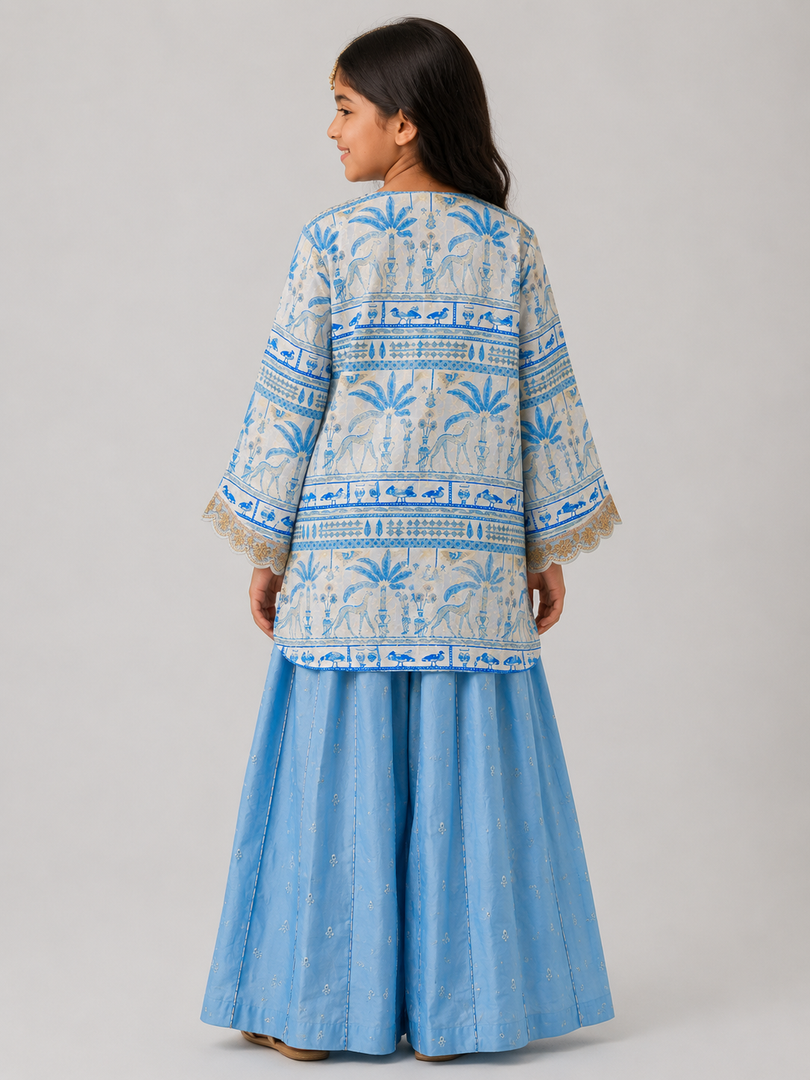 Blue Muslin Front-Open Jacket with Mul Chanderi Sharara Set