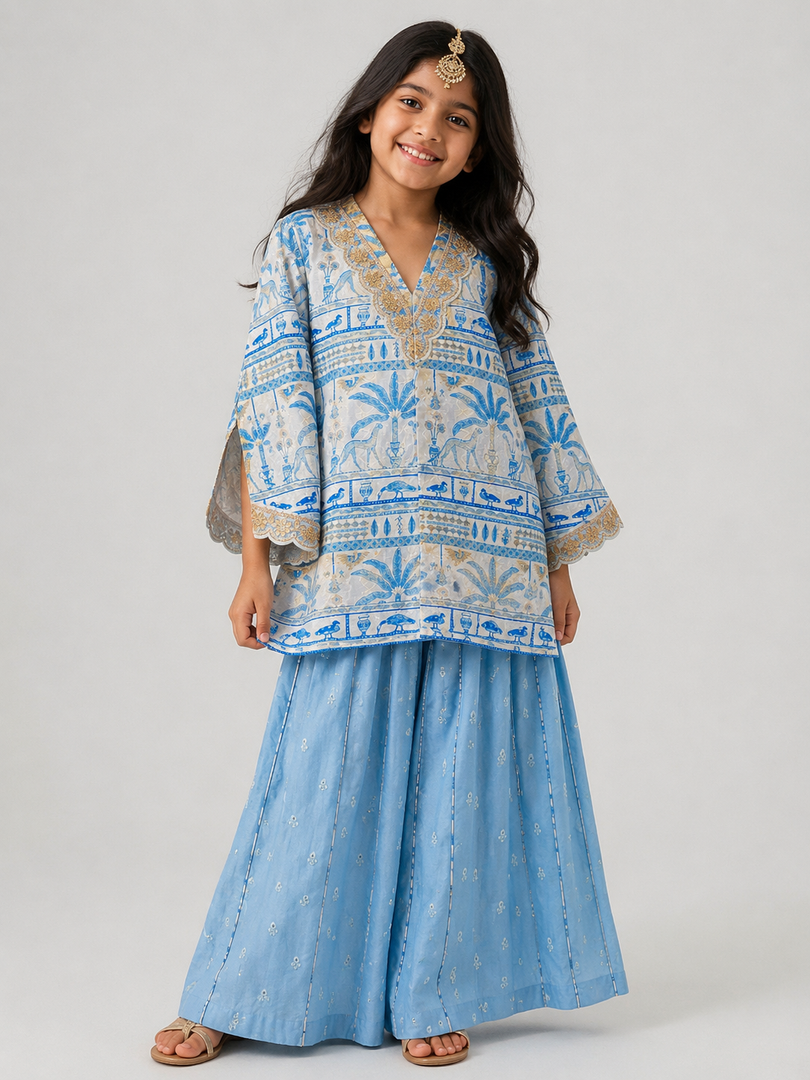 Blue Muslin Front-Open Jacket with Mul Chanderi Sharara Set