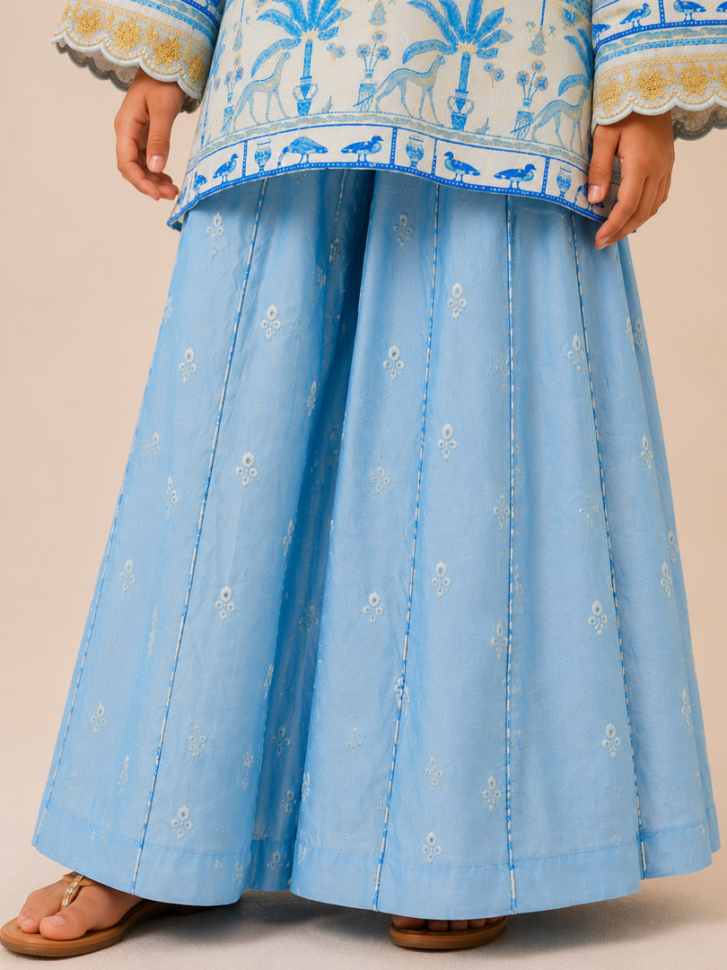 Blue Muslin Front-Open Jacket with Mul Chanderi Sharara Set