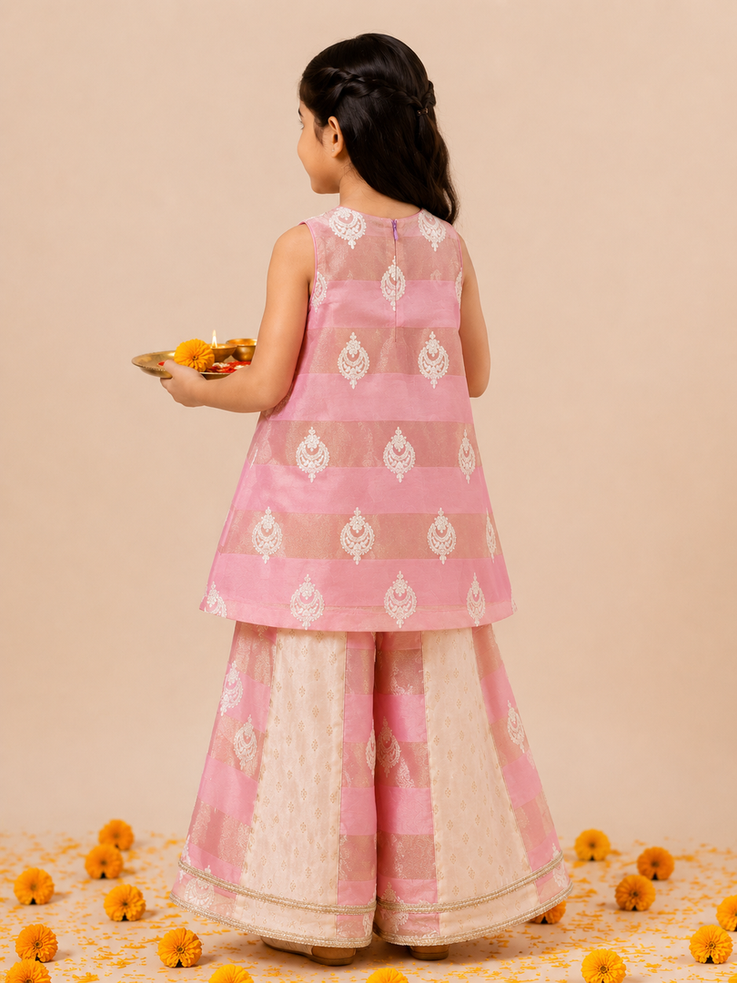 Pink Chanderi Embroidered Sharara Set for Girls