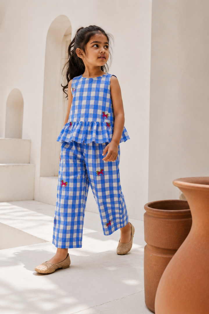 Blue Gingham Unicorn Embroidered Co-ord Set