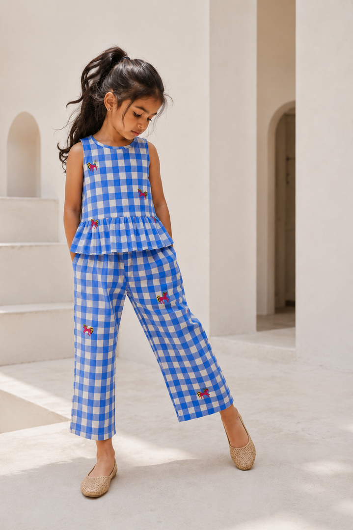 Blue Gingham Unicorn Embroidered Co-ord Set