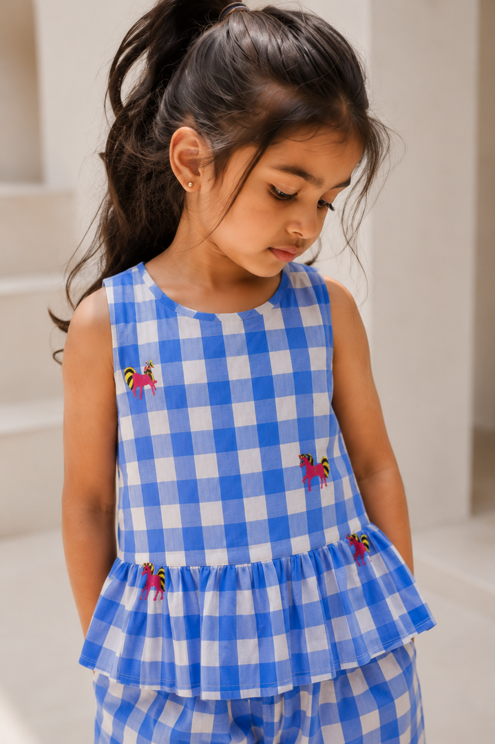 Blue Gingham Unicorn Embroidered Co-ord Set