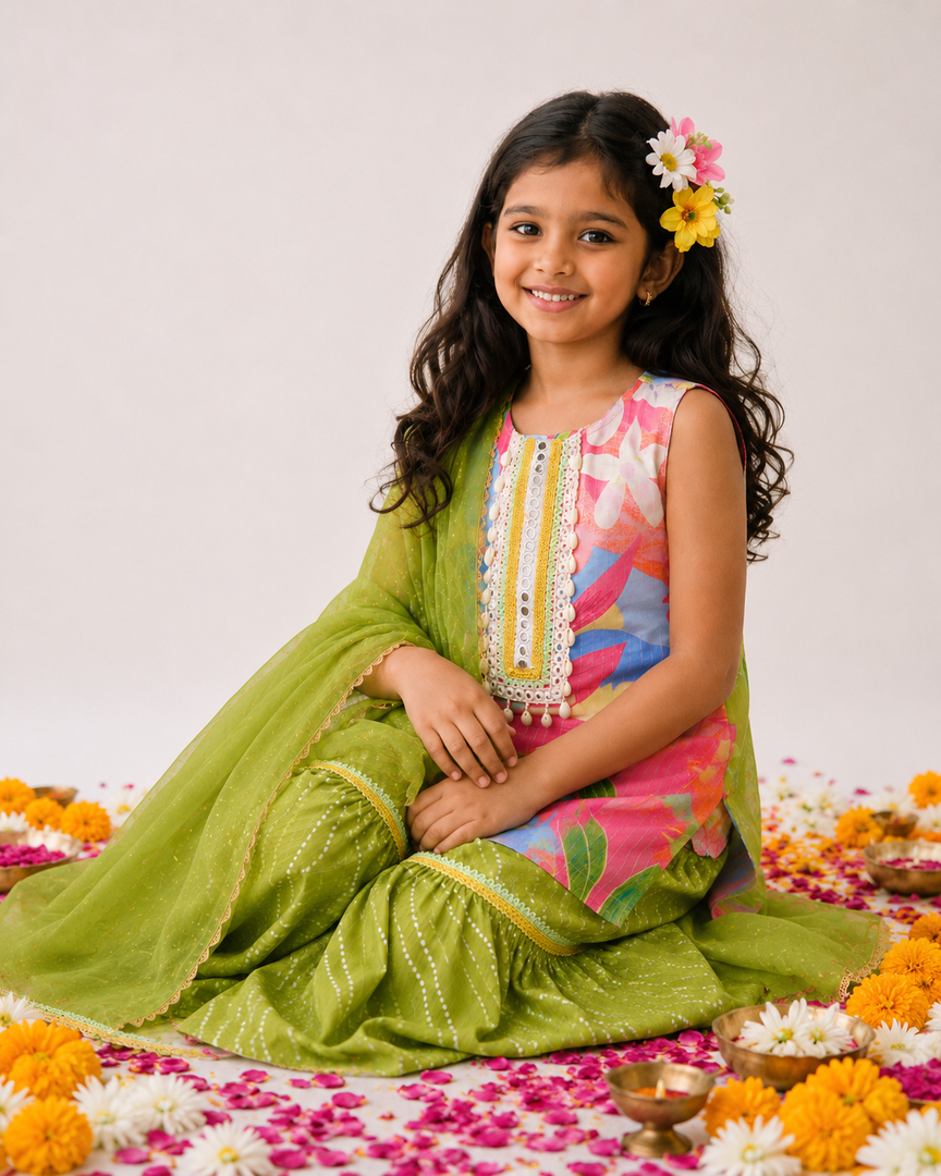 Tropical Floral Kurta Garara Set with Mukaish Dupatta