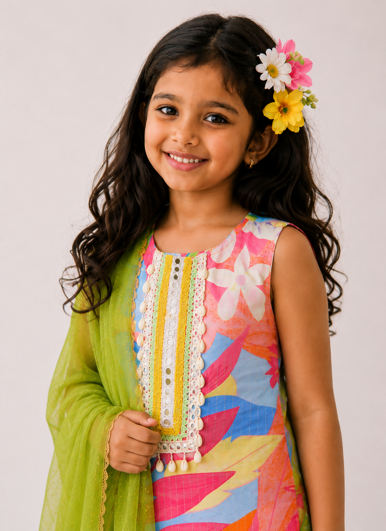 Tropical Floral Kurta Garara Set with Mukaish Dupatta
