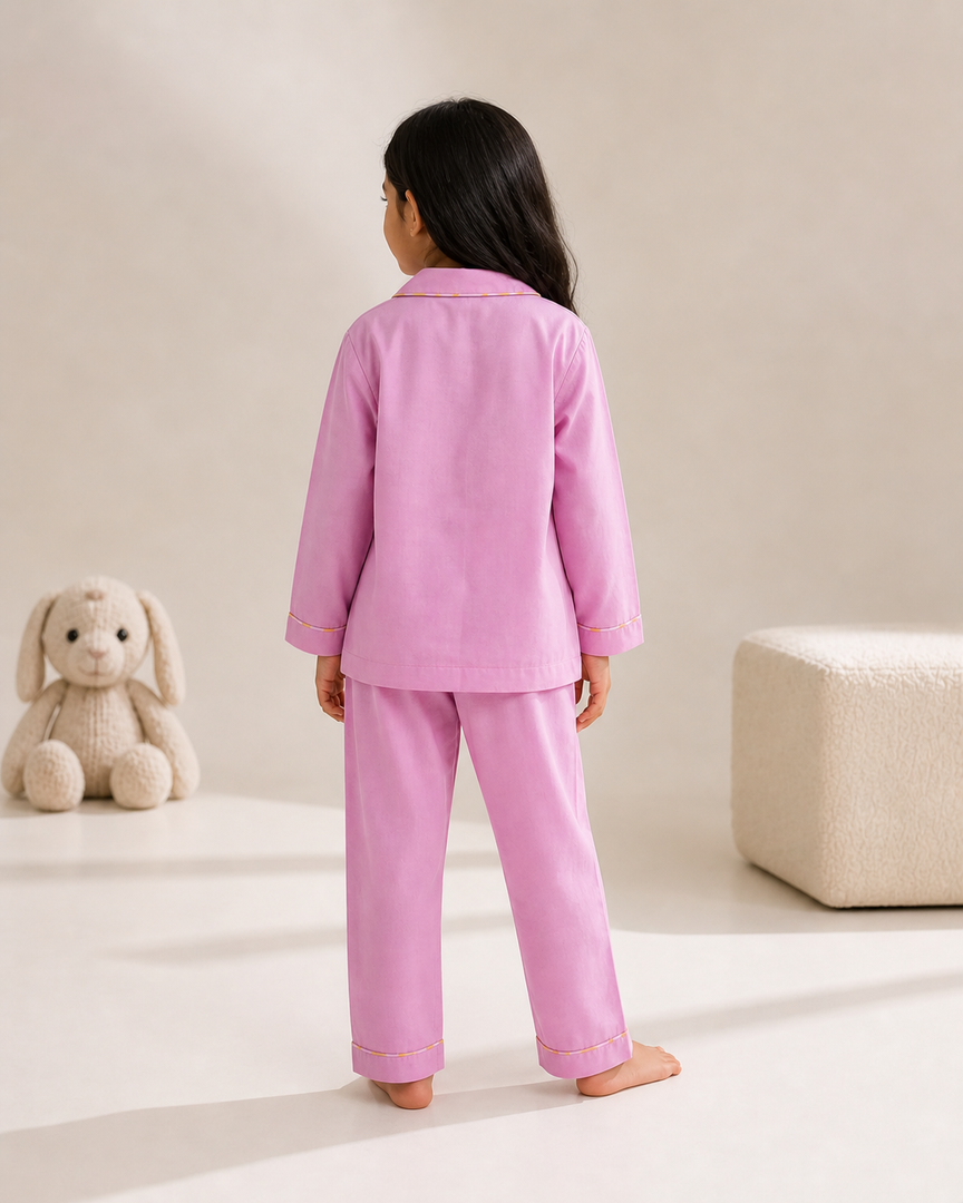 Pink Cotton Kids Nightsuit with K-Pop Girl Embroidered Pocket - CuddlesClothing