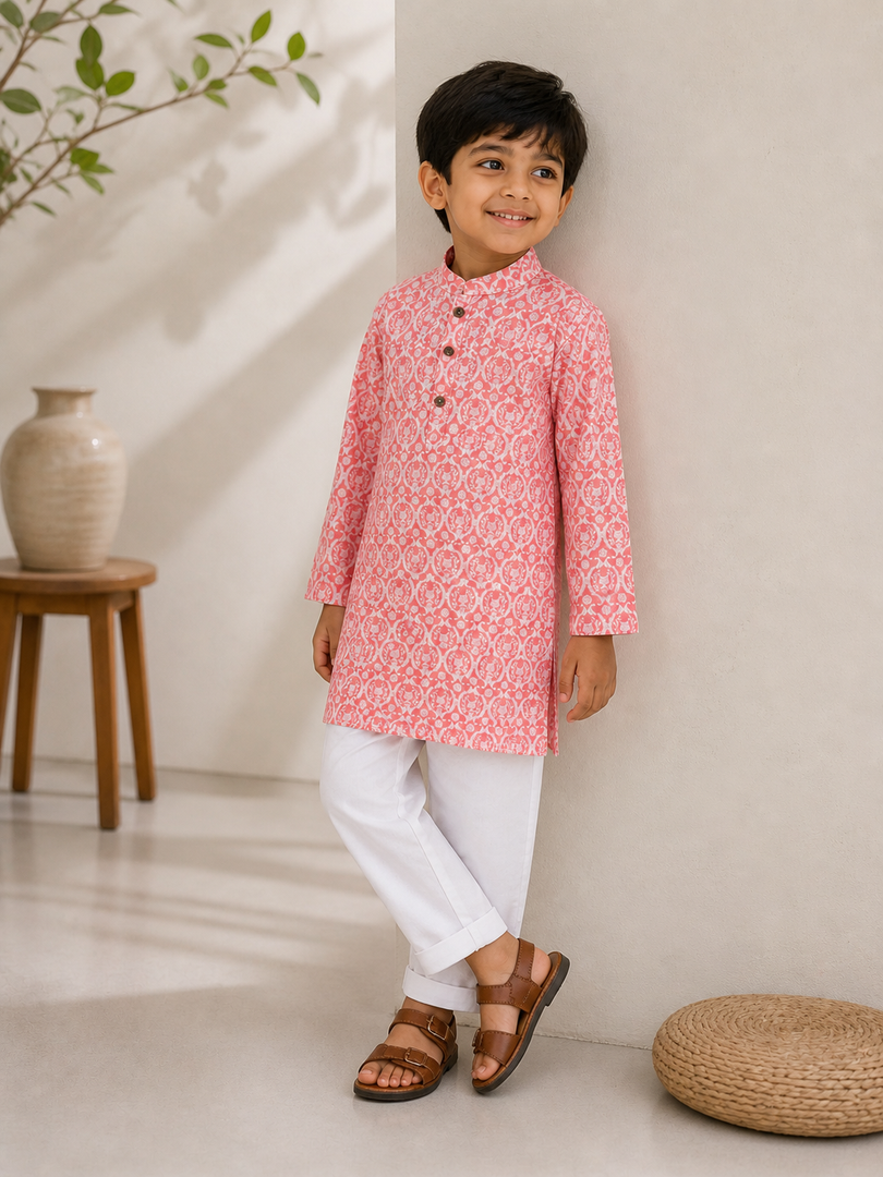 Pink Buta Print Cotton Kurta Pajama Set for Boys - CuddlesClothing
