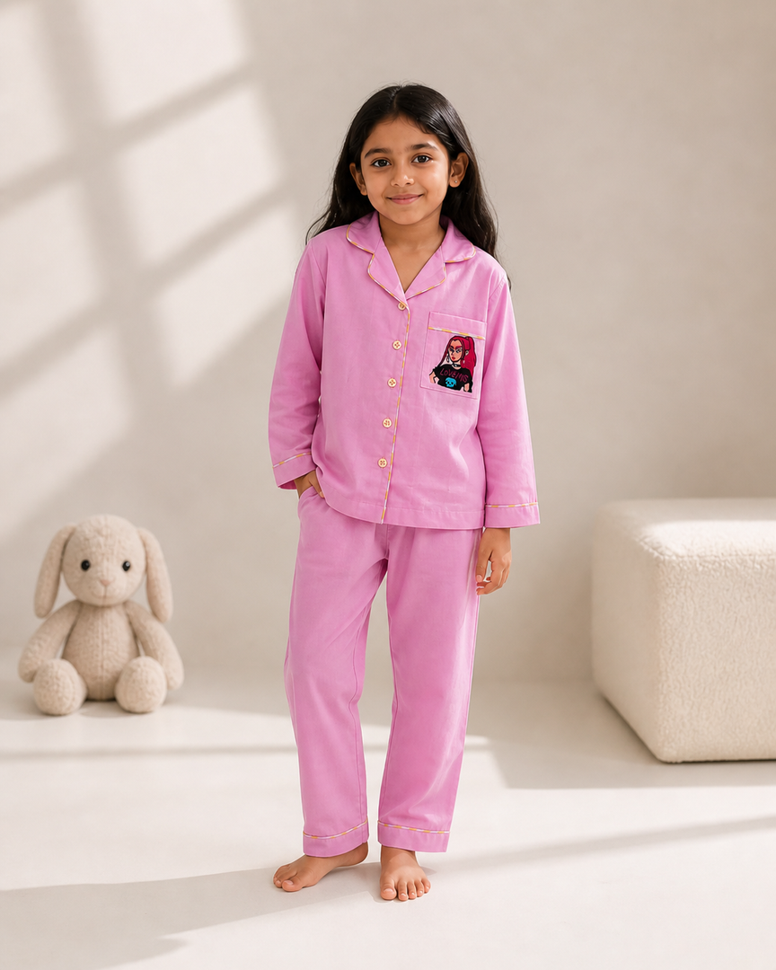 Pink Cotton Kids Nightsuit with K-Pop Girl Embroidered Pocket - CuddlesClothing