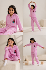 Load image into Gallery viewer, Pink Cotton Kids Nightsuit with K-Pop Girl Embroidered Pocket - CuddlesClothing