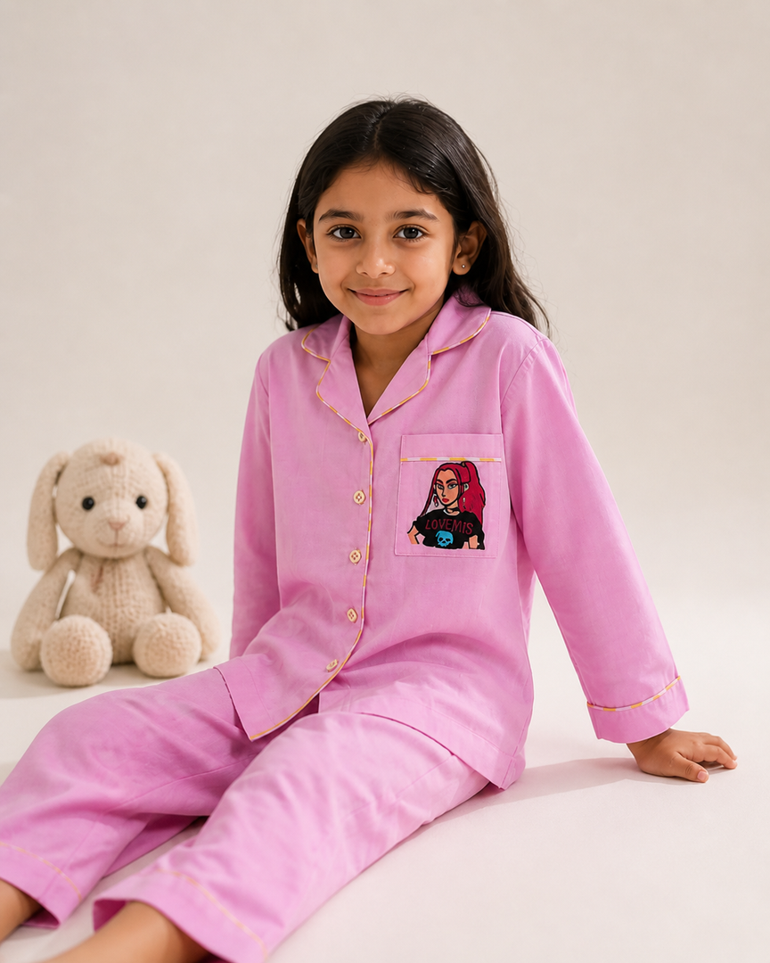 Pink Cotton Kids Nightsuit with K-Pop Girl Embroidered Pocket - CuddlesClothing