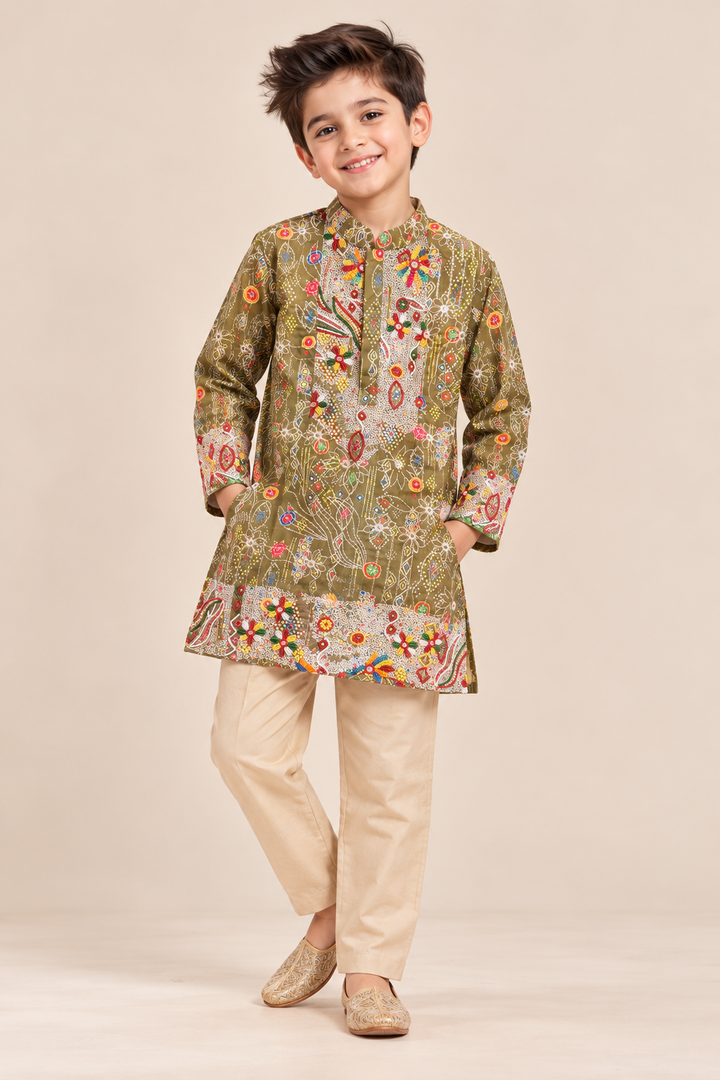 Aarav Olive Handwork Muslin Kurta Set