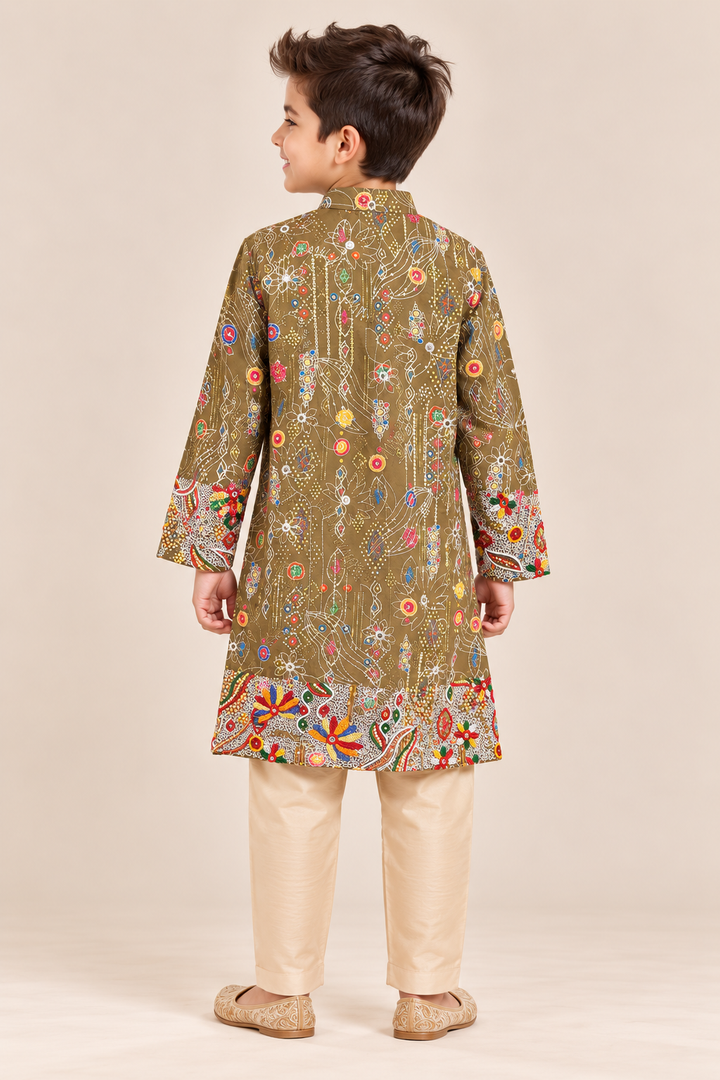 Aarav Olive Handwork Muslin Kurta Set