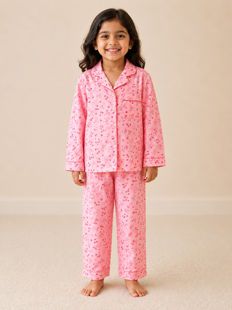 Pink Bow & Cherry Cotton Poplin Kids Nightsuit