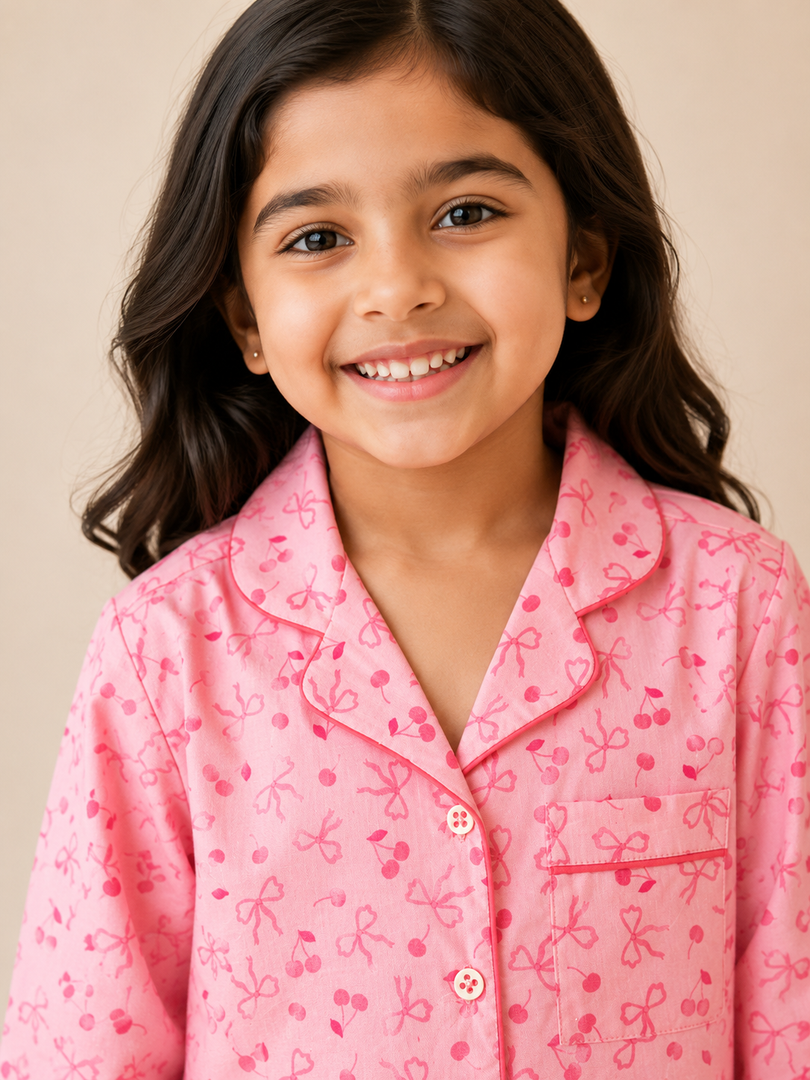 Pink Bow & Cherry Cotton Poplin Kids Nightsuit