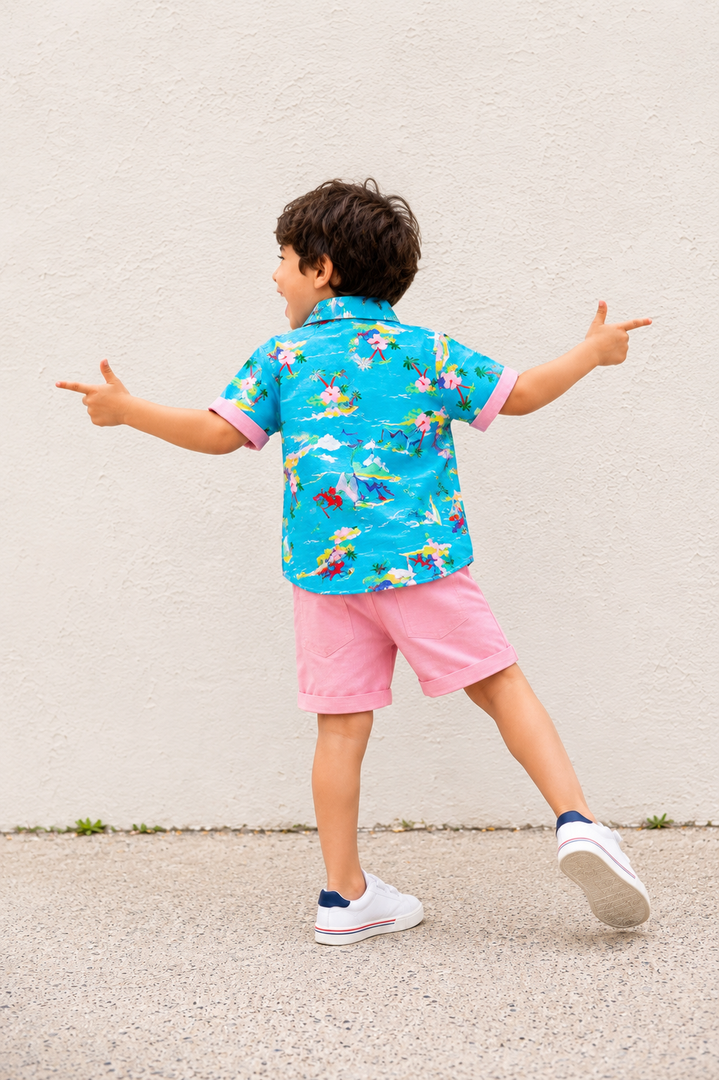 Dino Patch Cotton Linen Shirt & Muslin Shorts Set