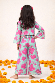 Girls Sky Blue & Pink Floral Crop Top and Sharara Set - CuddlesClothing