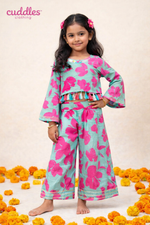 Load image into Gallery viewer, Girls Sky Blue &amp; Pink Floral Crop Top and Sharara Set - CuddlesClothing