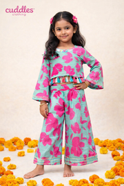 Girls Sky Blue & Pink Floral Crop Top and Sharara Set - CuddlesClothing