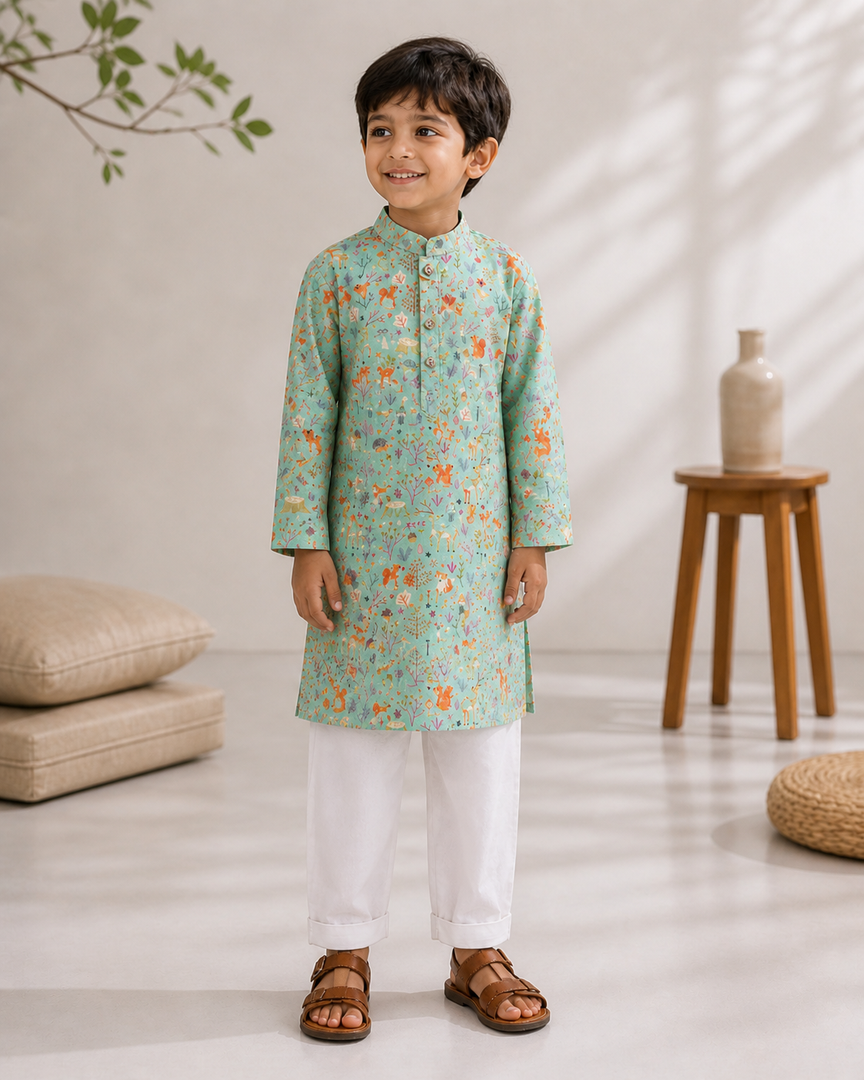 Woodland Print Cotton Kurta Pajama Set for Boys - CuddlesClothing