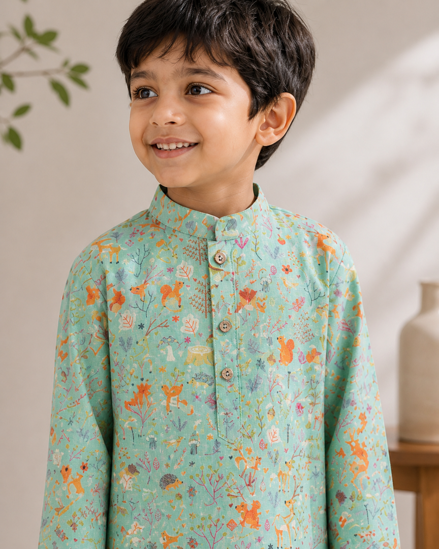 Woodland Print Cotton Kurta Pajama Set for Boys - CuddlesClothing