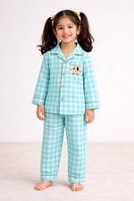 Load image into Gallery viewer, Aqua Check Cotton Kids Nightsuit with Elephant Patch