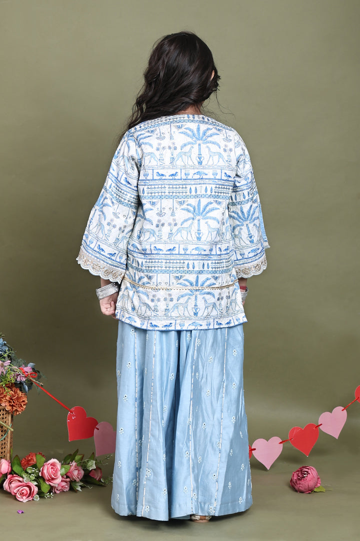 Blue Muslin Front-Open Jacket with Mul Chanderi Sharara Set