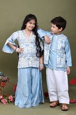 Load image into Gallery viewer, Blue Mul Chanderi Kurta with Attached Muslin Jacket Set