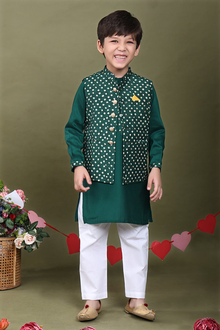 VrindRaaj-Green Bandhani Kurta Jacket Ensemble