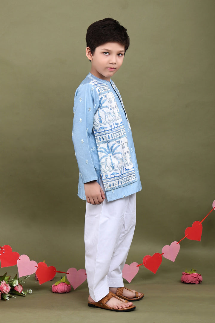 Blue Mul Chanderi Kurta with Attached Muslin Jacket Set