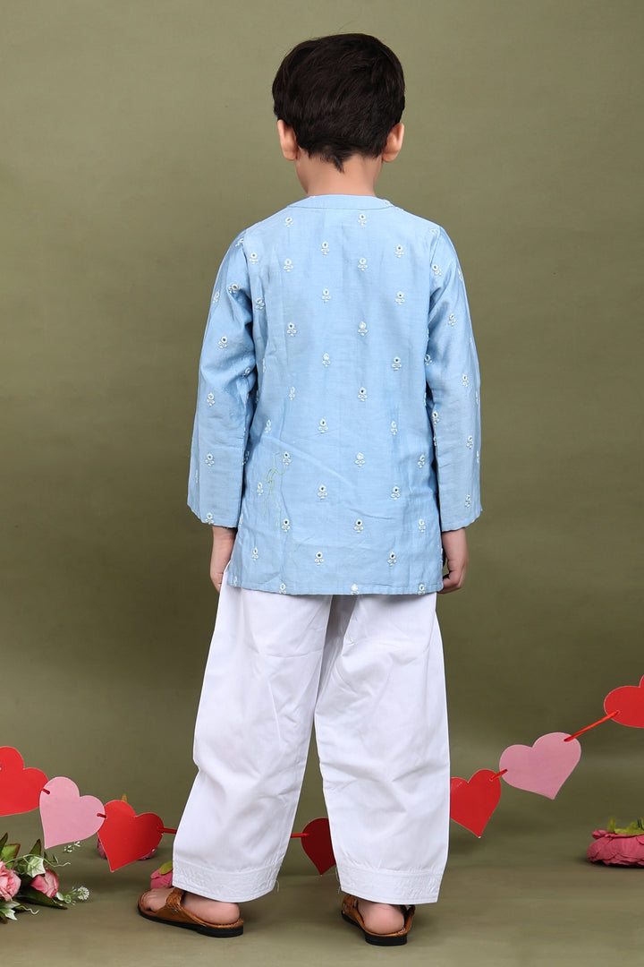 Blue Mul Chanderi Kurta with Attached Muslin Jacket Set