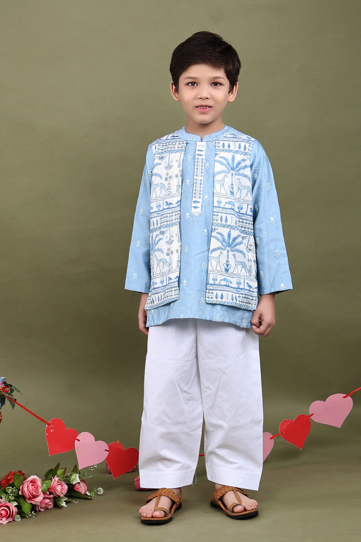 Blue Mul Chanderi Kurta with Attached Muslin Jacket Set