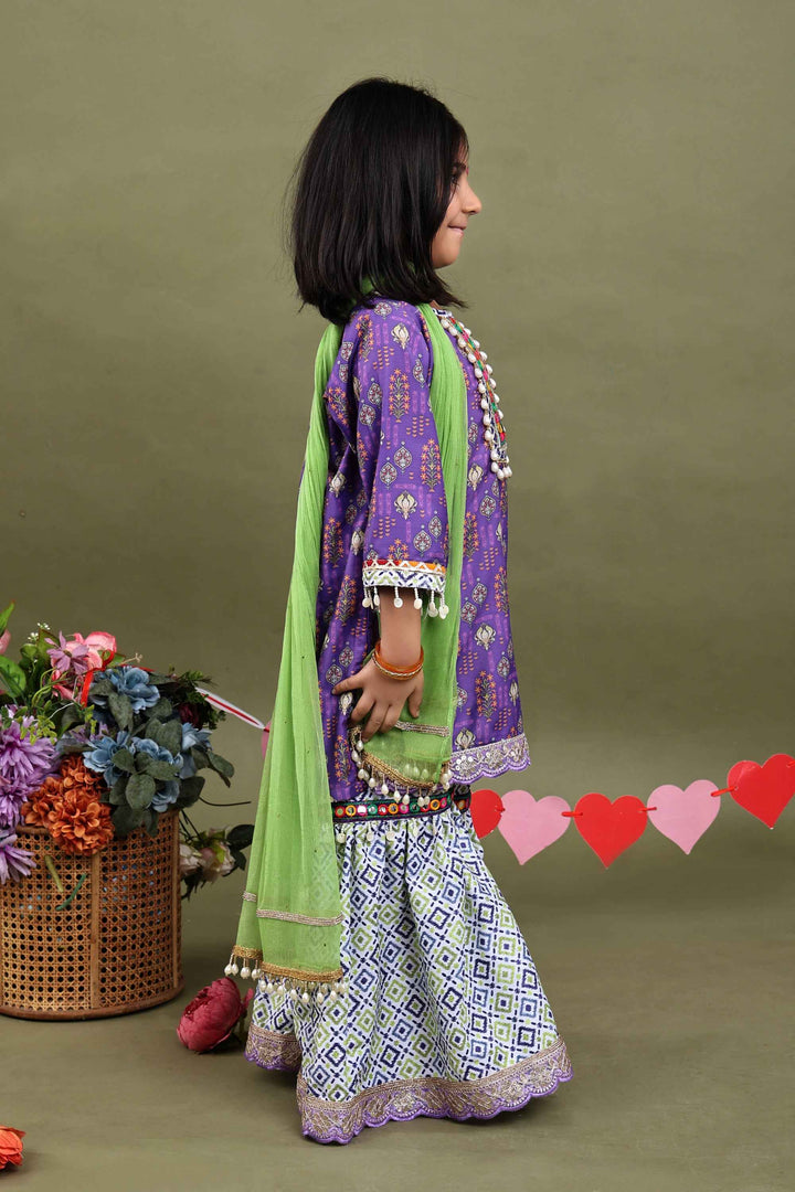 Gulnaar Purple Folk Print Sharara Set for Girls
