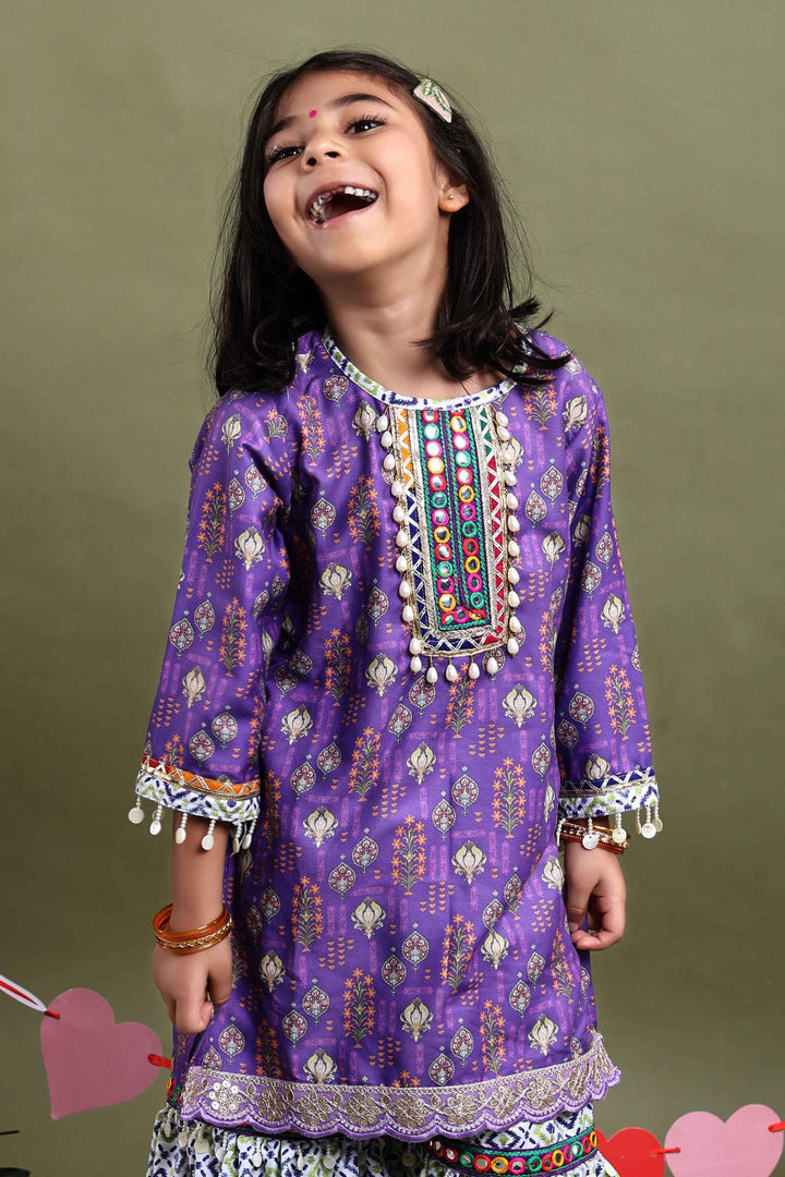 Gulnaar Purple Folk Print Sharara Set for Girls
