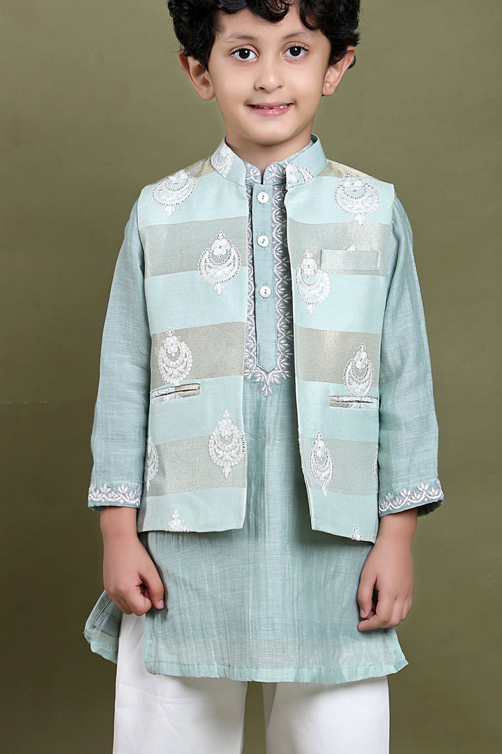Mint Mul Chanderi Kurta Set with Embroidered Mul Chanderi Jacket