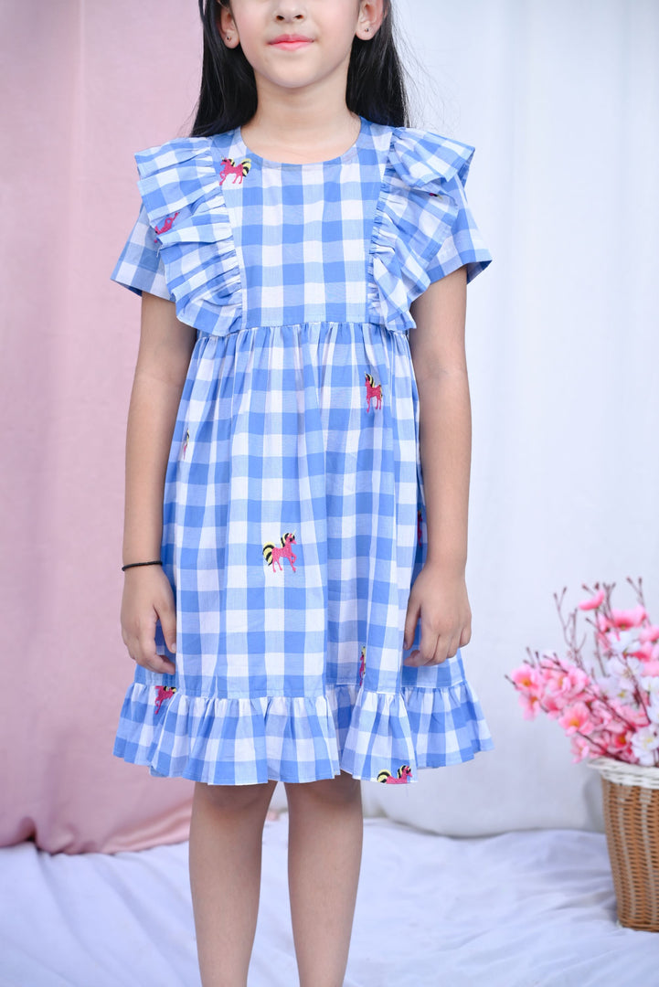 Designer Blue Ruffled Unicorn Embroidery Dress - CuddlesClothing