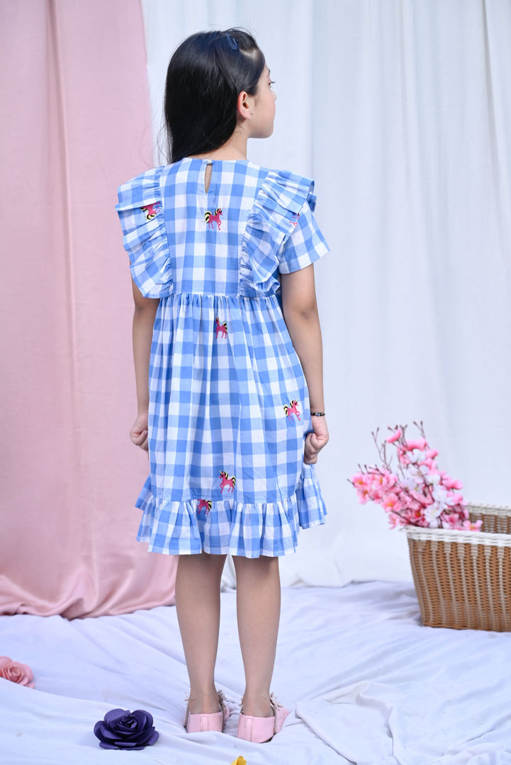 Designer Blue Ruffled Unicorn Embroidery Dress - CuddlesClothing