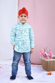Aqua Blue Marine Print Kurta Shirt for Boys - CuddlesClothing